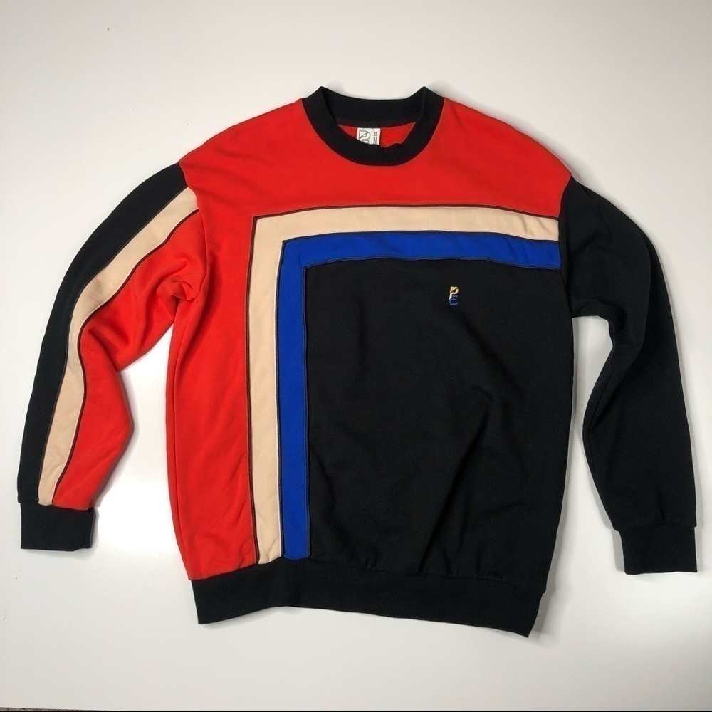 RARE P.E Nation Unisex Blue Red Black Tan Colorblock Crewneck Trendy Sweater